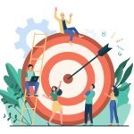 Positive tiny people sitting and walking near huge target with arrow isolated flat vector illustration. Cartoon business team achieving goal or aim. Marketing strategy and achievement concept